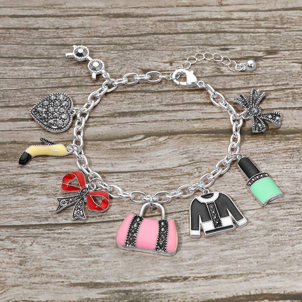NEW WONA TRADING stone paved heart bow high heel bag lipstick charm station brac